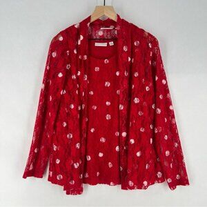 Susan Graver Red Lace White Polka Dot Scoop Neck‎ Tank Sheer Open Cardigan Set